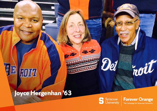 Derrick Coleman, Joyce Hergenhan and Dave Bing at SU men's basketball game